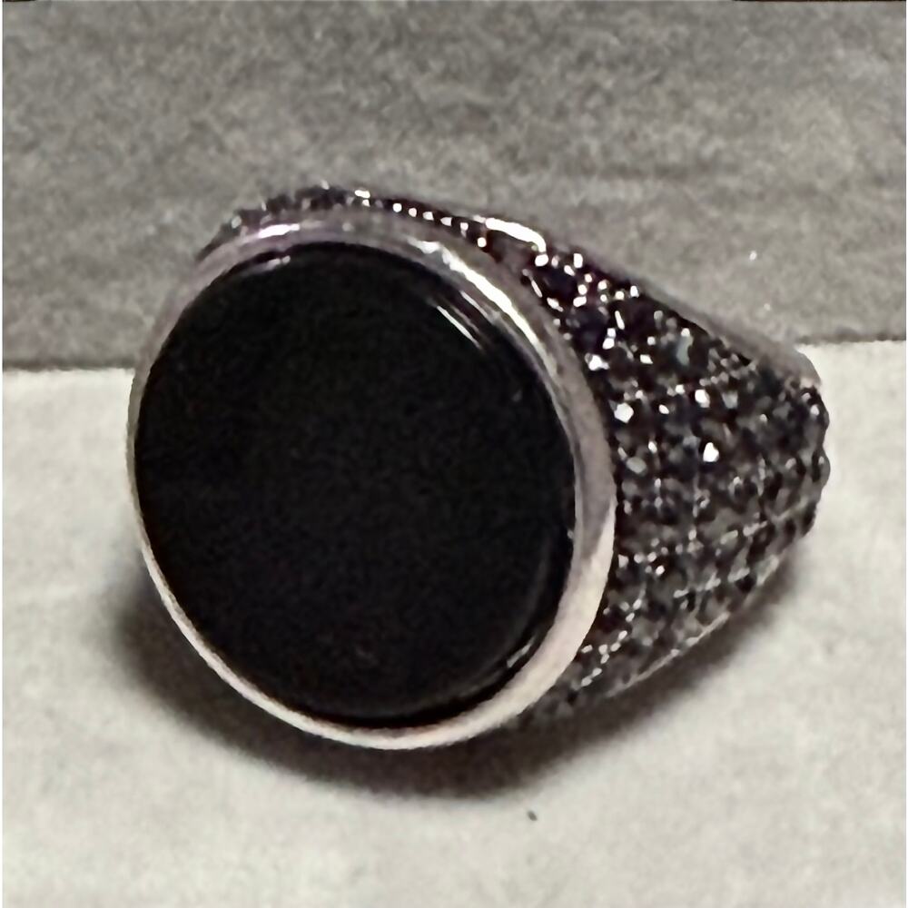 Black Stone Statement Ring Size 8 Silver Tone Pavé Cocktail Ring